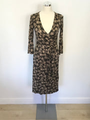 LK BENNETT BLACK & BEIGE FLORAL PRINT SILK WRAP DRESS SIZE 10