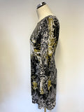 NINE WEST BLACK,GREEN & IVORY PRINT STRETCH LONG SLEEVE DRESS SIZE 8 UK 12