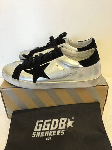 BRAND NEW GOLDEN GOOSE SUPERSTAR SILVER METALLIC & BLACK SUEDE TRIM TRAINERS SIZE 7.5/41 BUT FIT UK 7