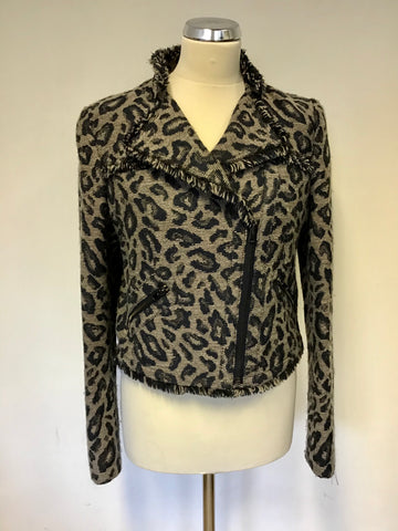 OUI COLLECTION LIGHT BROWN & NAVY BLUE ANIMAL PRINT ZIP UP JACKET SIZE 12