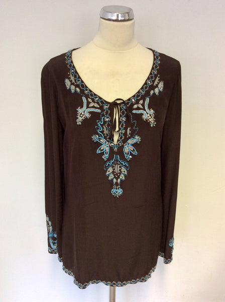 KAREN MILLEN DARK BROWN SILK BEADED & EMBROIDERED TUNIC TOP SIZE 14