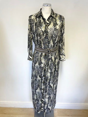 K DESIGN GREEN,BLACK & WHITE PRINT STRETCH JERSEY 3/4 SLEEVE BELTED MIDI SHIRT DRESS SIZE L