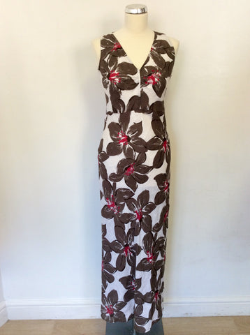 HOBBS WHITE,BROWN & PINK LONG LINEN FLORAL PRINT DRESS SIZE 10