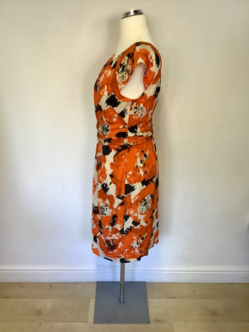 LAURA ASHLEY OCCASION ORANGE,BLACK & IVORY PRINT SILK DRESS SIZE 16