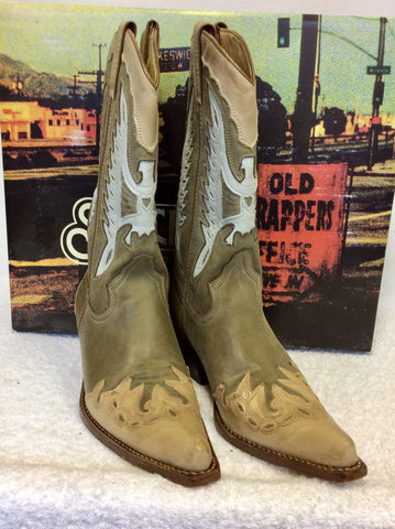 SANCHO TUNDRA DESERT,BEIGE & WHITE LEATHER COWBOY BOOTS SIZE 5/38