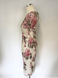 PHASE EIGHT CREAM & PINK FLORAL PRINT LACE 3/4 SLEEVE PENCIL DRESS SIZE 10