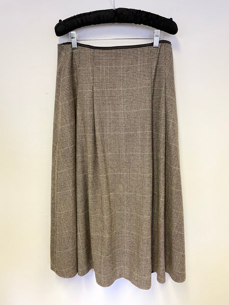 LK BENNETT BELL BROWN CHECK BRITISH WOOL BY MOON MIDI SKIRT SIZE 12