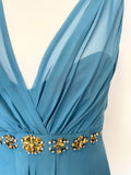 LK BENNETT TURQUOISE SILK JEWEL TRIM SLEEVELESS FIT & FLARE SPECIAL OCCASION DRESS SIZE 10