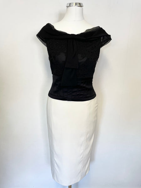 KAREN MILLEN BLACK LACE & IVORY SPECIAL OCCASION PENCIL DRESS SIZE 8