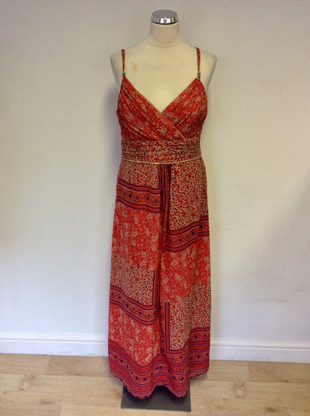 MONSOON CORAL RED, PURPLE & GOLD PRINT MAXI DRESS SIZE 14