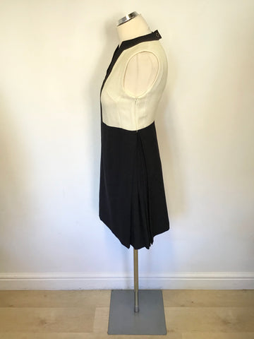 JAEGER NAVY & CREAM CUT OUT BACK A LINE PLEATED SIDE DRESS SIZE 8