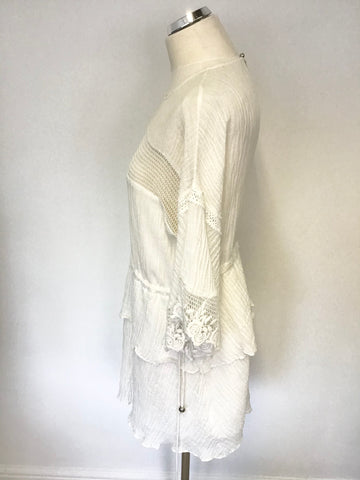 STEVIE MAY WHITE COTTON & LINEN LACE TRIM 3/4 SLEEVE TIERED MINI DRESS SIZE M