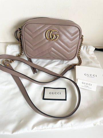 GUCCI TAUPE MINI GG MARMONT CHAIN LEATHER CROSS BODY/SHOULDER BAG