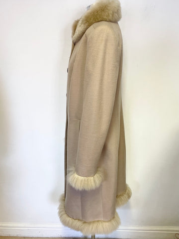 THE ALPACA COLLECTION BEIGE FUR TRIM MID LENGTH ALPACA BLEND COAT SIZE L