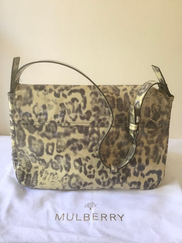 MULBERRY CREAM & GREY LEOPARD PRINT PATENT LEATHER BAYSWATER SHOULDER BAG