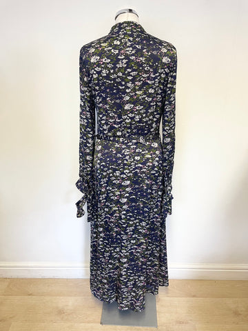 THE SHIRT COMPANY NAVY BLUE FLORAL PRINT LONG SLEEVED BELTED MIDI DRESS SIZE 8