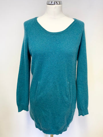 WHISTLES TURQUOISE 100% CASHMERE POCKET FRONT LONG JUMPER SIZE 8
