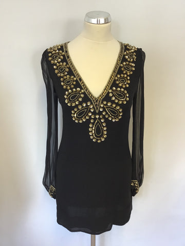 FRENCH CONNECTION BLACK SILK & GOLD BEAD & SEQUIN EMBELLISHED TRIM MINI DRESS SIZE 8
