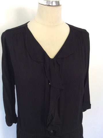 JIGSAW BLACK FRILL TRIM DRAWSTRING TIE WAIST 3/4 SLEEVE DRESS SIZE 12