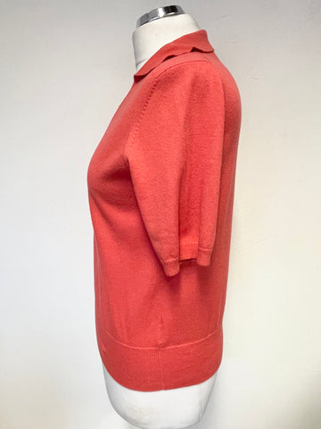 PURE COLLECTION CORAL COTTON & CASHMERE COLLARED SHORT SLEEVE JUMPER SIZE 10