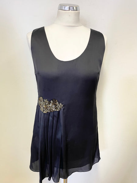 TED BAKER 100% SILK BLACK SLEEVELESS EMBELLISHED TRIM TUNIC TOP SIZE 2 UK 10