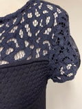 MARCCAIN NAVY KNIT LACE TRIMMED CAP SLEEVE A LINE DRESS SIZE 4 UK 14