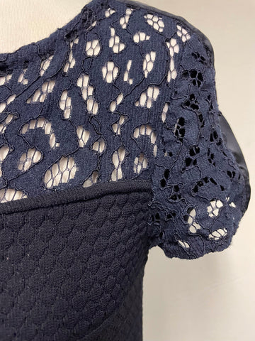 MARCCAIN NAVY KNIT LACE TRIMMED CAP SLEEVE A LINE DRESS SIZE 4 UK 14