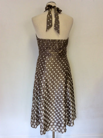 MONSOON MINK & WHITE SPOT SILK HALTERNECK DRESS SIZE 10