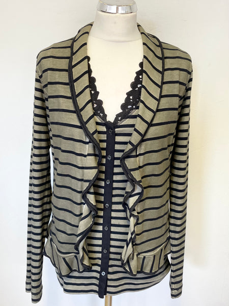 MARCCAIN KHAKI & BLACK STRIPE SLEEVELESS TOP & MATCHING ZIP UP JACKET SET SIZE N4 UK 14