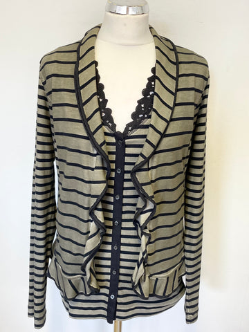 MARCCAIN KHAKI & BLACK STRIPE SLEEVELESS TOP & MATCHING ZIP UP JACKET SET SIZE N4 UK 14