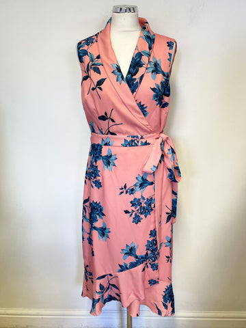 PHASE EIGHT CORAL PINK & TURQUOISE BLUE FLORAL PRINT SLEEVELESS WRAP DRESS SIZE 14