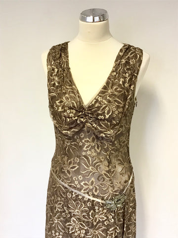 PHASE EIGHT BRONZE & GOLD LACE BEADED TRIM SPECIAL OCCASION DRESS SIZE 10