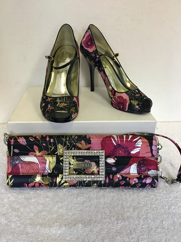 GUESS BY MARCIANO BLACK FLORAL PRINT PEEPTOE HEELS SIZE 4.5/37.5& MATCHING B