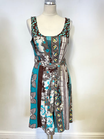 KENZO BROWN & TURQUOISE PRINT SLEEVELESS COTTON FIT & FLARE DRESS SIZE 42 UK 12