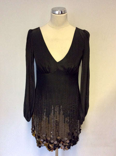 KAREN MILLEN BLACK SILK SEQUINNED TUNIC TOP/ MINI DRESS SIZE 10