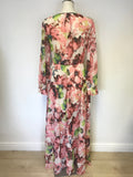 UNBRANDED CORAL & MULTI COLOURED FLORAL PRINT LONG SLEEVE MAXI DRESS SIZE L