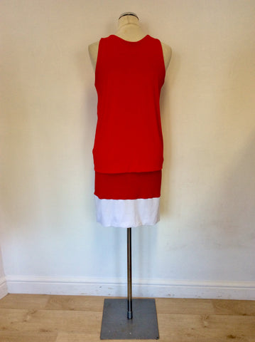 GORGEOUS COUTURE CORAL PINK,RED & WHITE LAYERED TOP DRESS SIZE M