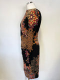 JOSEPH RIBKOFF BLACK & MULTI COLOURED PRINT 3/4 SLEEVE STRETCH PENCIL DRESS SIZE 16