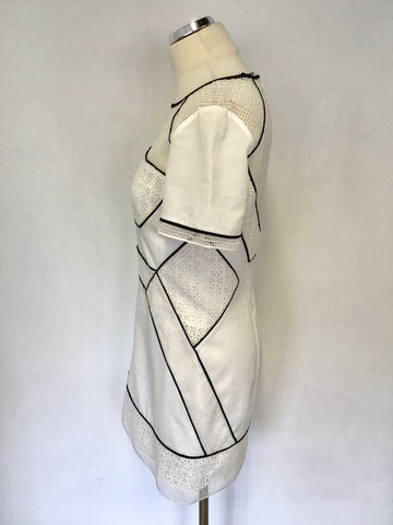 KAREN MILLEN IVORY & BLACK TRIM SHORT SLEEVE MINI DRESS SIZE 12