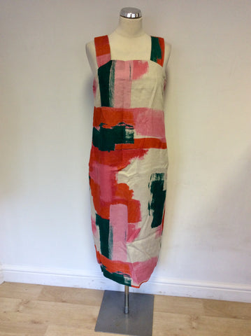 TOAST RED,PINK,GREEN & CREAM PRINT LINEN MIDI DRESS SIZE 12