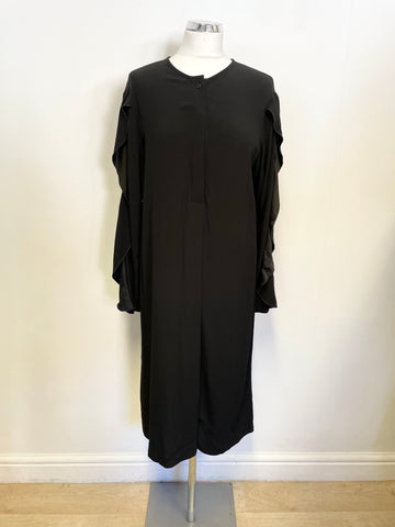 MODERN RARITY BLACK FRILLED LONG SLEEVED SHIFT DRESS WITH OPTIONAL BELT SIZE 10