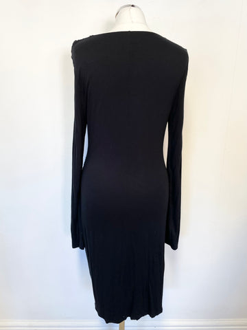 JIGSAW BLACK JERSEY DRAPED FRONT LONG SLEEVED STRETCH PENCIL DRESS SIZE M