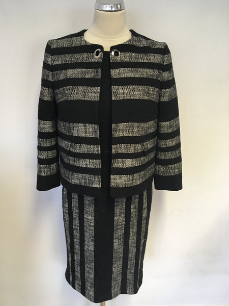 HOBBS BLACK & GREY MARL STRIPED SHORT SLEEVE PENCIL DRESS & JACKET SIZE 10