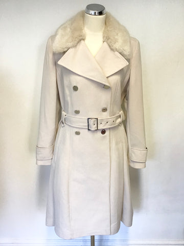 STAR BY JULIEN MACDONALD CREAM FAUX FUR COLLAR BELTED KNEE LENGTH COAT SIZE 14