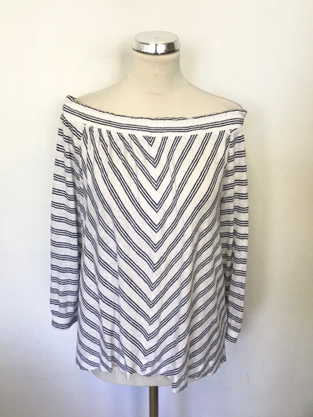 WHISTLES NAVY BLUE & WHITE STRIPED OFF SHOULDER LINEN TOP SIZE M