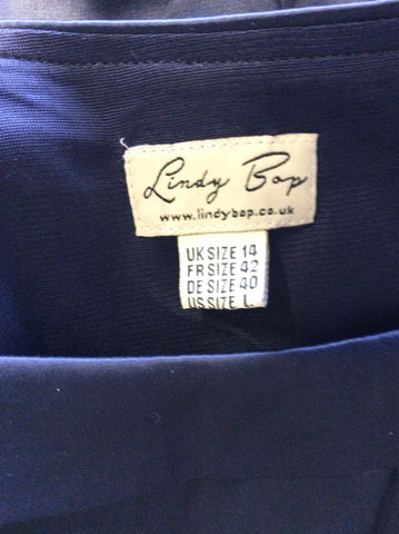 LINDY BOP DARK BLUE SATIN SLEEVELESS FIT & FLARE SPECIAL OCCASION DRESS SIZE 14