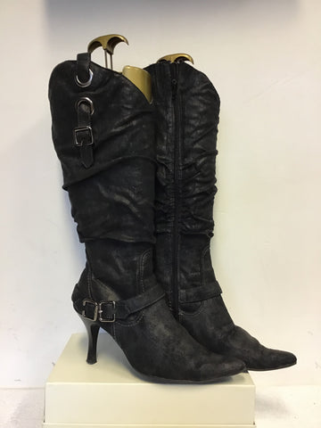 MARCO TOZZI BLACK SUEDETTE BUCKLE TRIM KNEE LENGTH BOOTS SIZE 7/40
