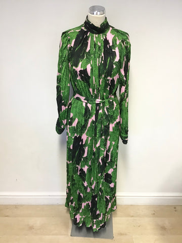 BRAND NEW UNBRANDED GREEN & PINK FLORAL PRINT LONG SLEEVE PLEATED MAXI DRESS ONE SIZE APPROX 10/12
