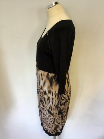 MINT VELVET BLACK KNIT & BROWN SILK PRINT DRESS SIZE 12
