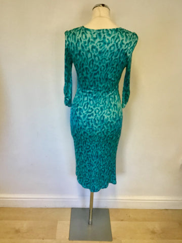KAREN MILLEN SILK TURQUOISE ANIMAL PRINT 3/4 SLEEVE WRAP DRESS SIZE 10